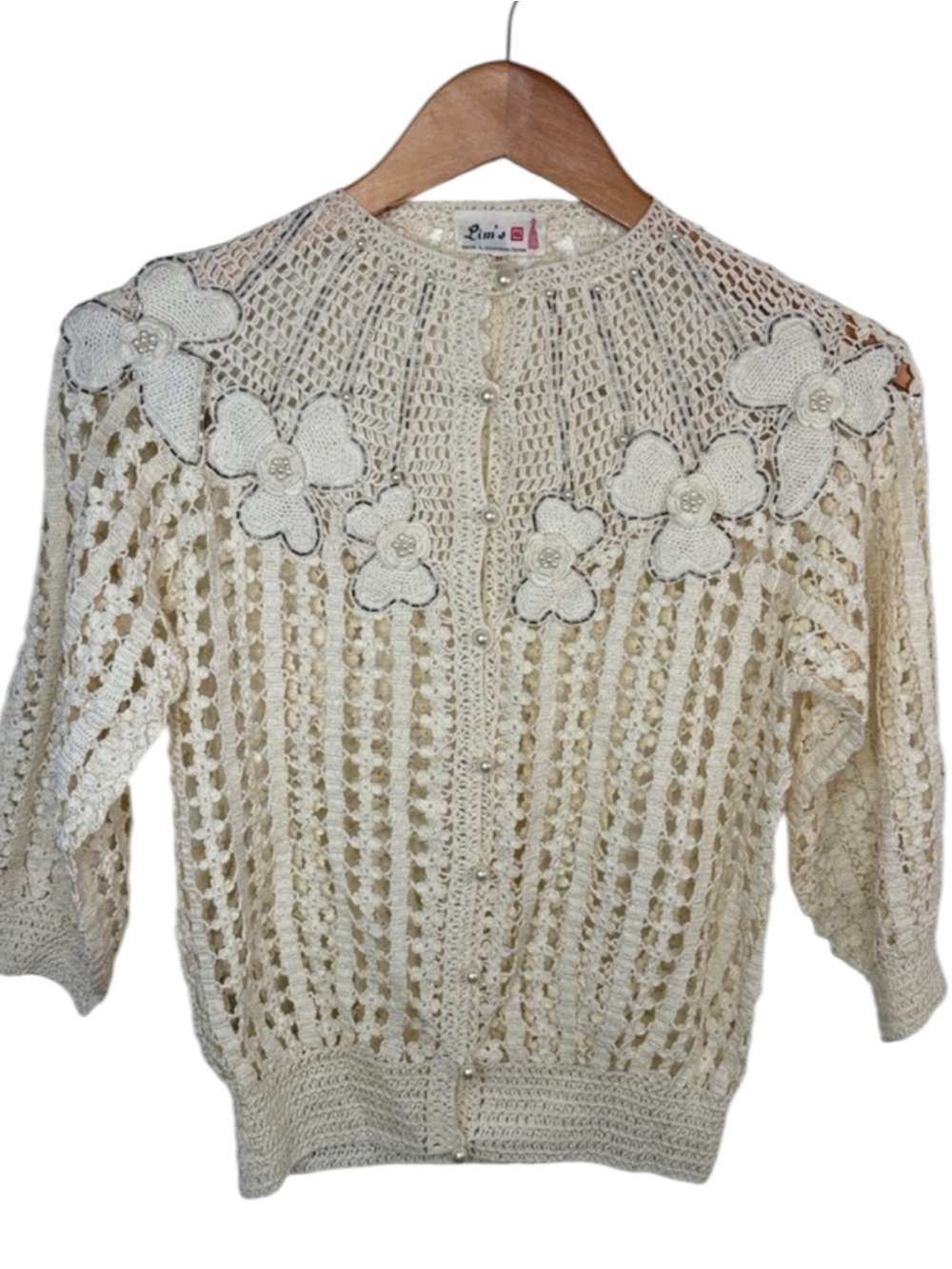 Vintage Lim's Hand Cream Crochet Floral Sheer Pearl Button Up Top Women Size M